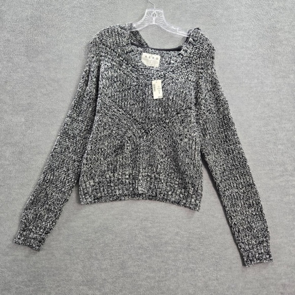 Aero Women Sweater Large Black Large Crop Hooded Knit‎ Long Sleeve V Neck NWT
